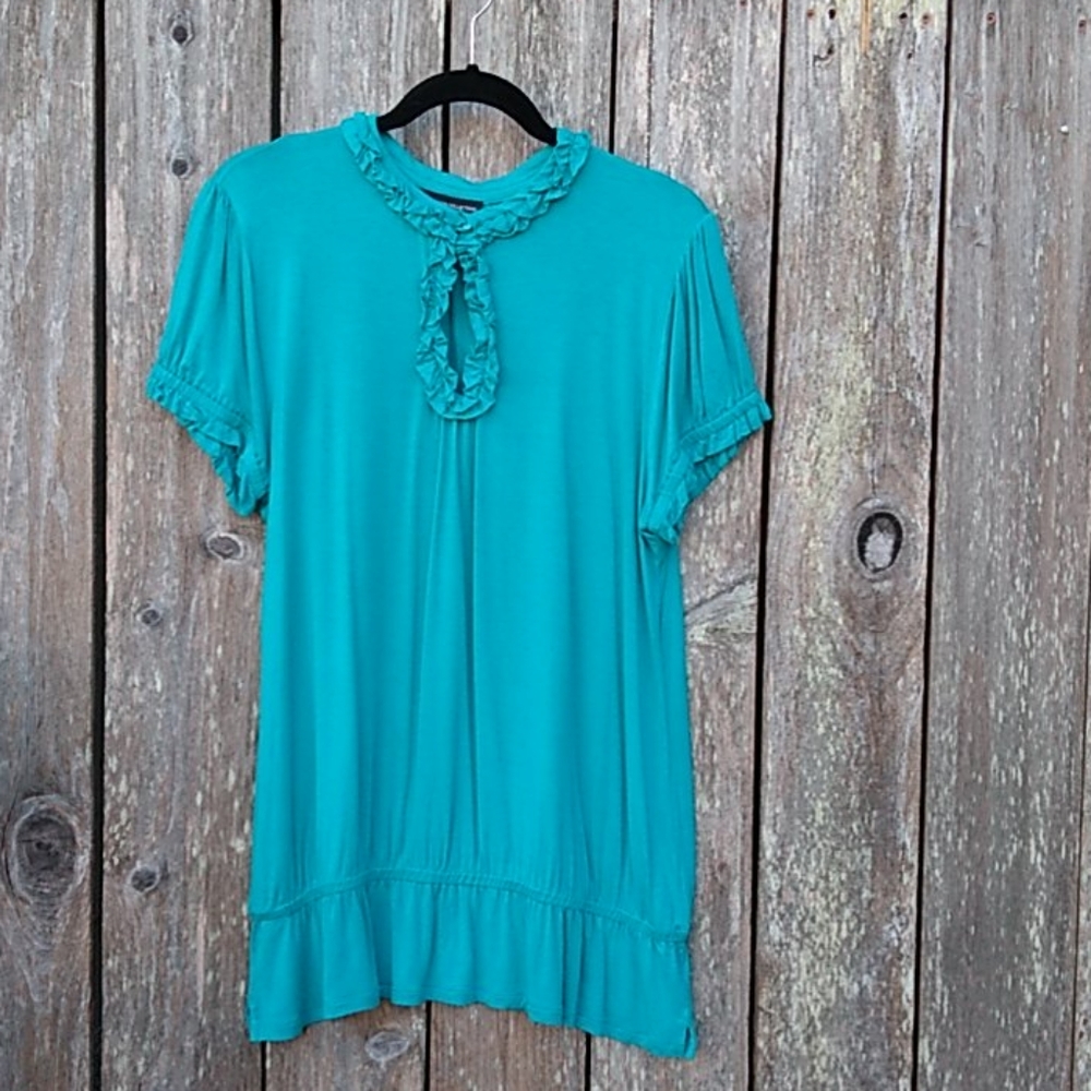 Turquoise Jersey Knit S/S Tunic Top with Ruffles L